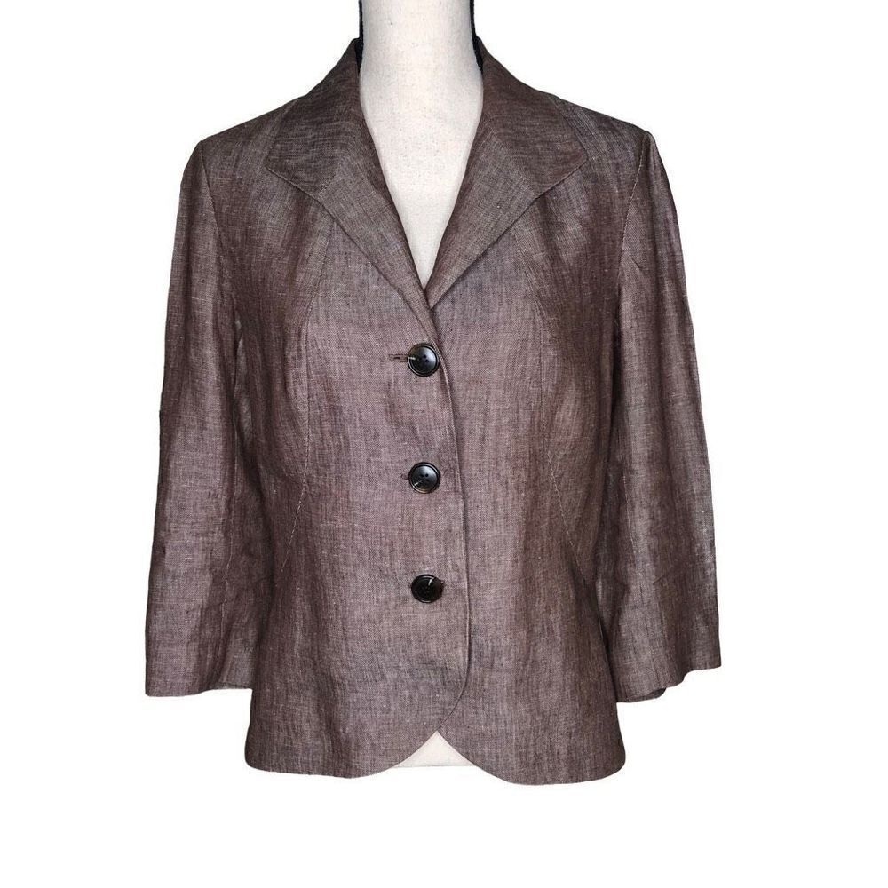 Lafayette 148 Tweedy Brown Linen Three Quarter Sleeve Jacket Career
